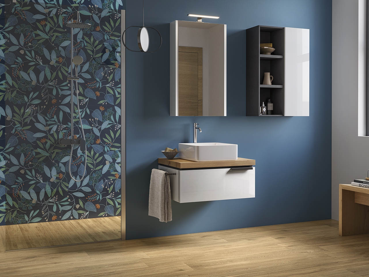 Mobile Bagno TOUCH 70 cm 1 Cassetto Bianco Lucido e Top Rovere Nodi-9011425