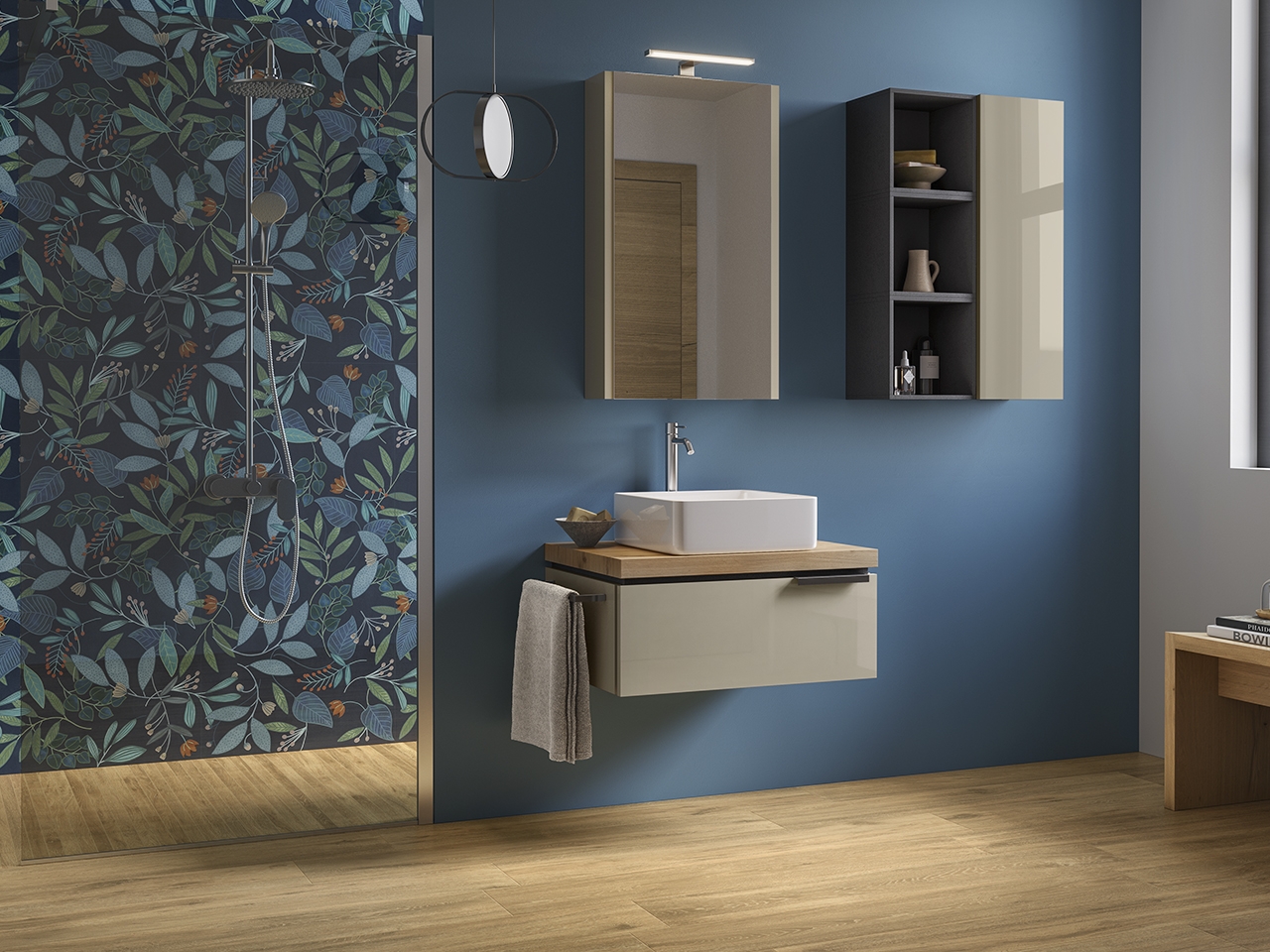 Mobile Bagno TOUCH 70 cm 1 Cassetto Tortora Lucido e Top Rovere Nodi-9011426