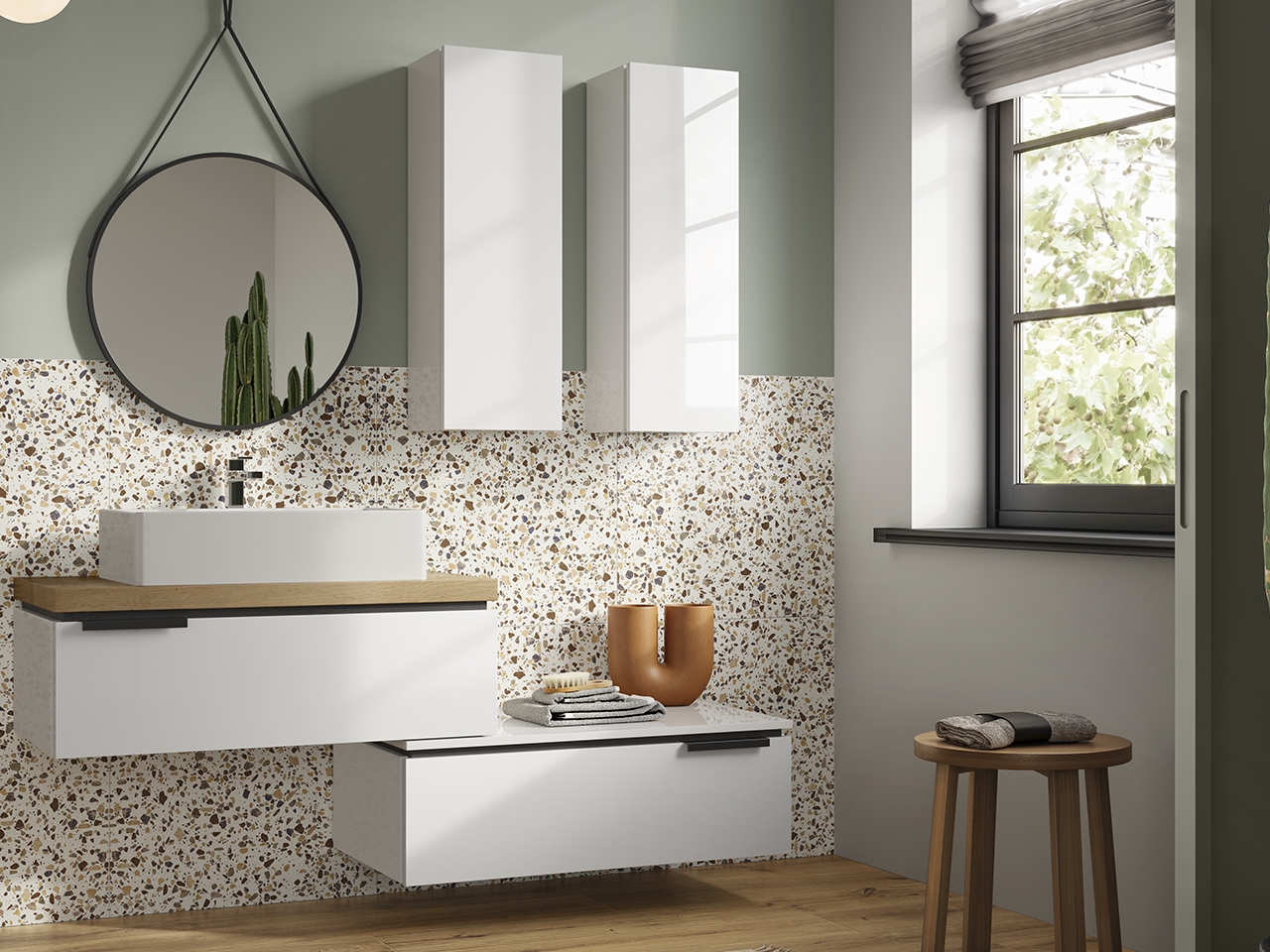 Mobile Bagno TOUCH 90 cm 1 Cassetto Bianco Lucido e Top 4,5 cm in Rovere Nodi-9011436