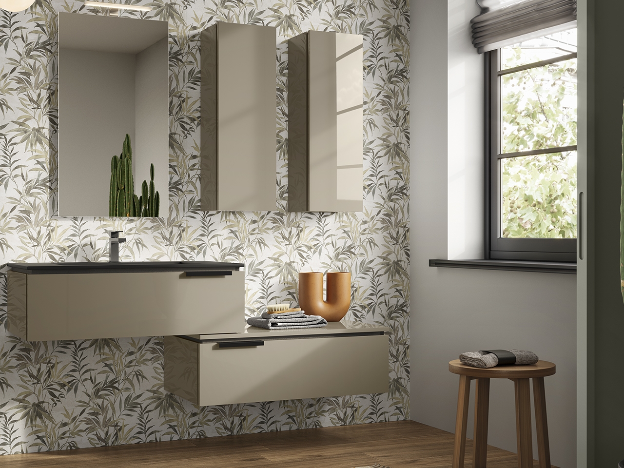 Mobile Bagno TOUCH 90 cm 1 Cassetto Tortora Lucido e Lavabo Unitop HIDE in Resina effetto Pietra Nero-9011444