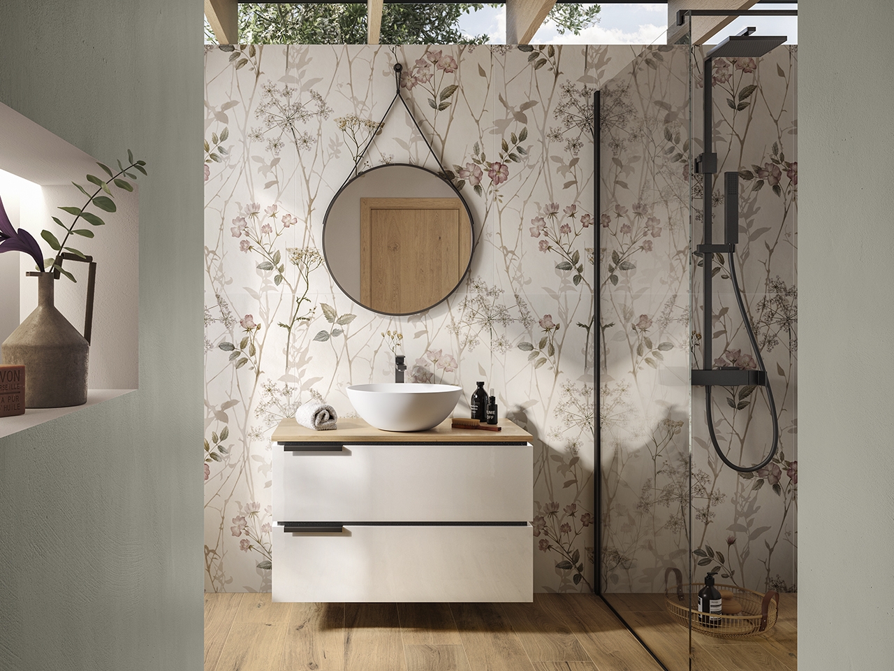 Mobile Bagno TOUCH 90 cm 2 Cassetti Bianco Lucido e Top in Rovere Nodi-9011448