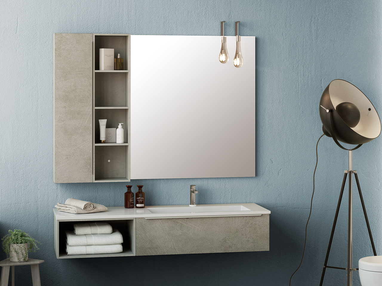 Mobile Bagno Trendy 141 cm Cemento con Lavabo Hide Dx Bianco Lucido-9008791