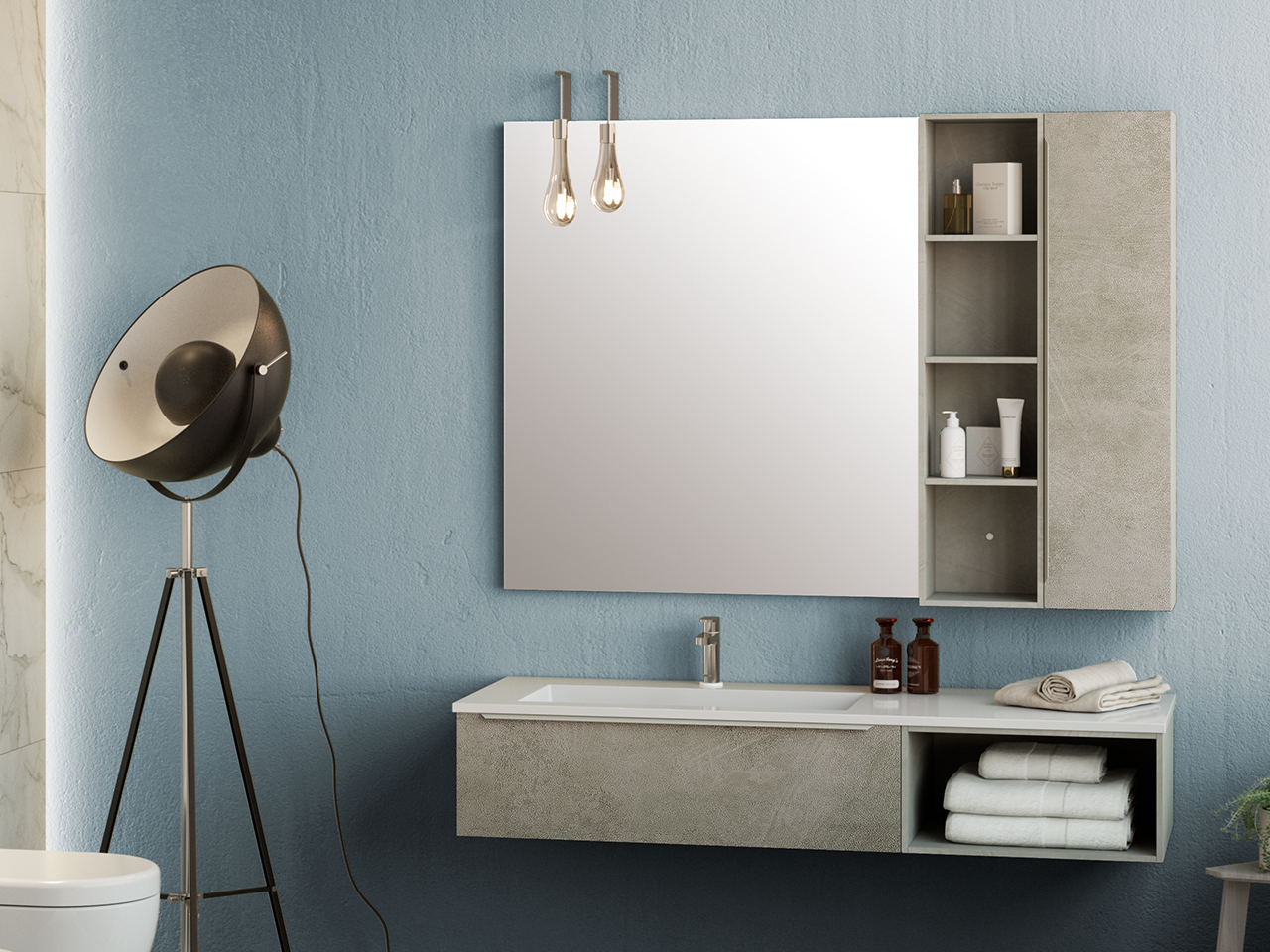 Mobile Bagno Trendy 141 cm Cemento con Lavabo Hide Sx Bianco Lucido-9008790