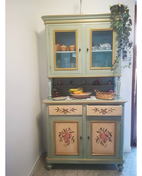 MOBILE CREDENZA CON ALZATA VETRINA LEGNO MASSELLO ARTIGIANALE DECORATO
