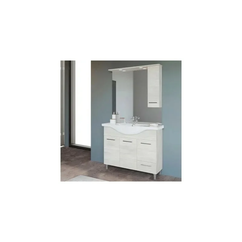 Mobile da Terra 105 cm in rovere bianco completo di specchio con pensile e LED