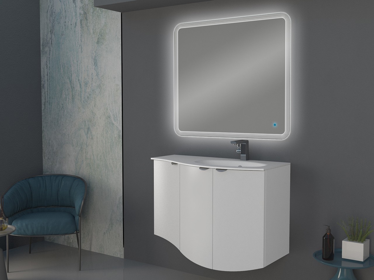 Mobile Bagno Curvo Wave 104 cm Bianco Opaco e Lavabo in Vetro Vasca Destra Bianco Lucido-9012123