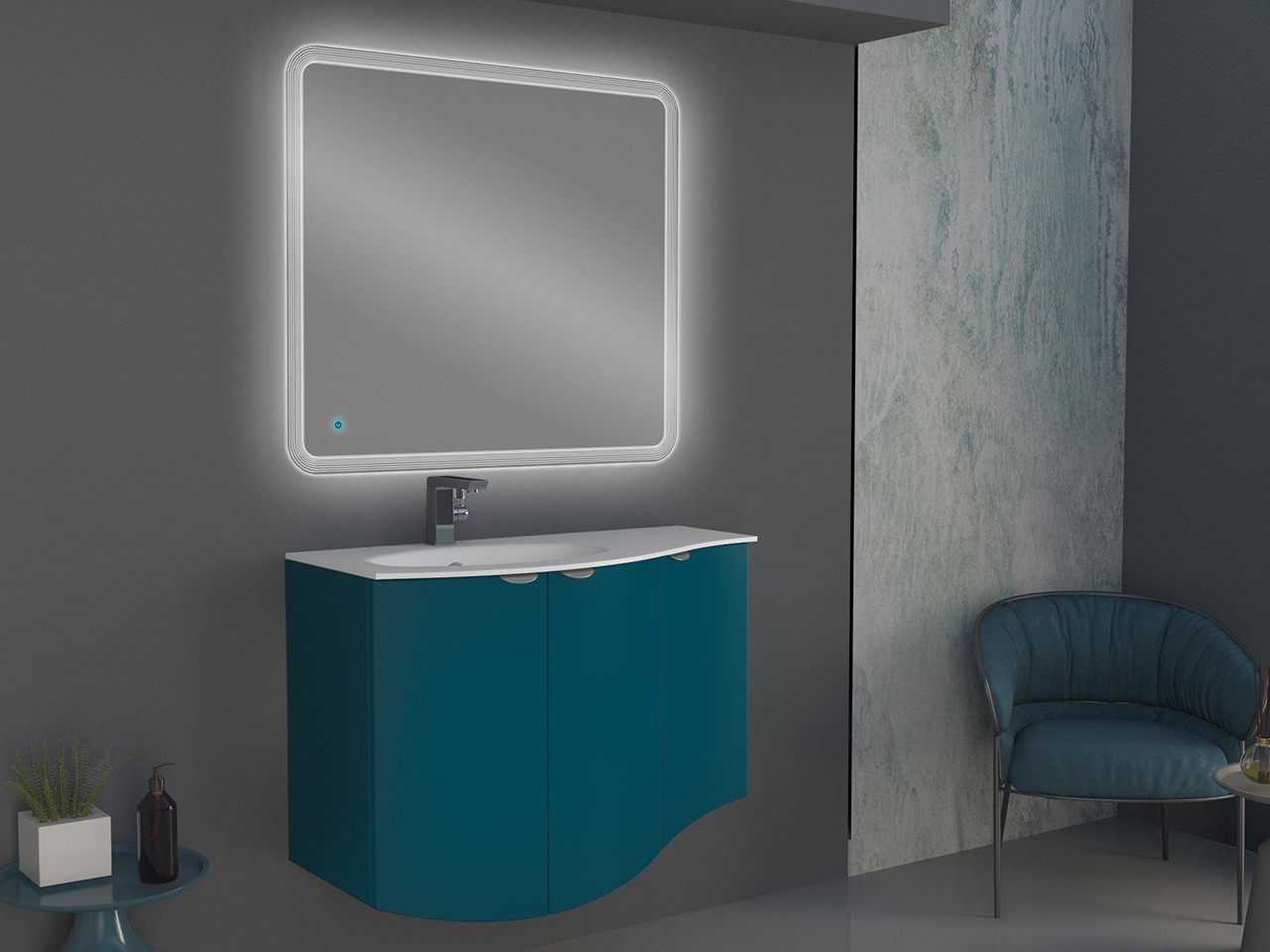 Mobile Bagno Curvo Wave 104 cm Blu Petrolio Opaco e Lavabo in Vetro Vasca Sinistra Bianco Lucido-9012126