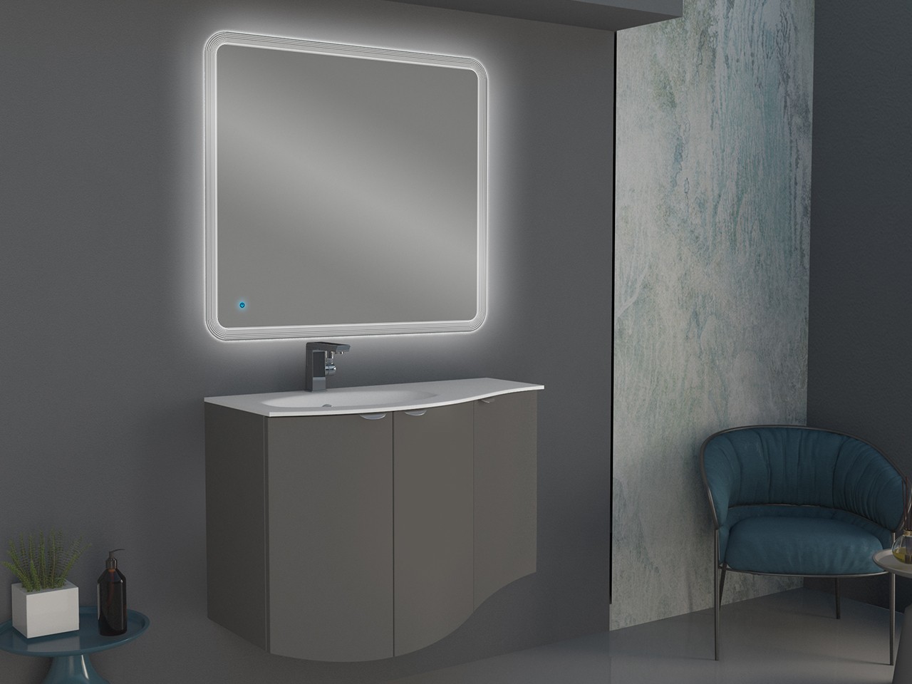 Mobile Bagno Curvo Wave 104 cm Grigio Nuvola Opaco e Lavabo in Vetro Vasca Sinistra Bianco Lucido-9012130