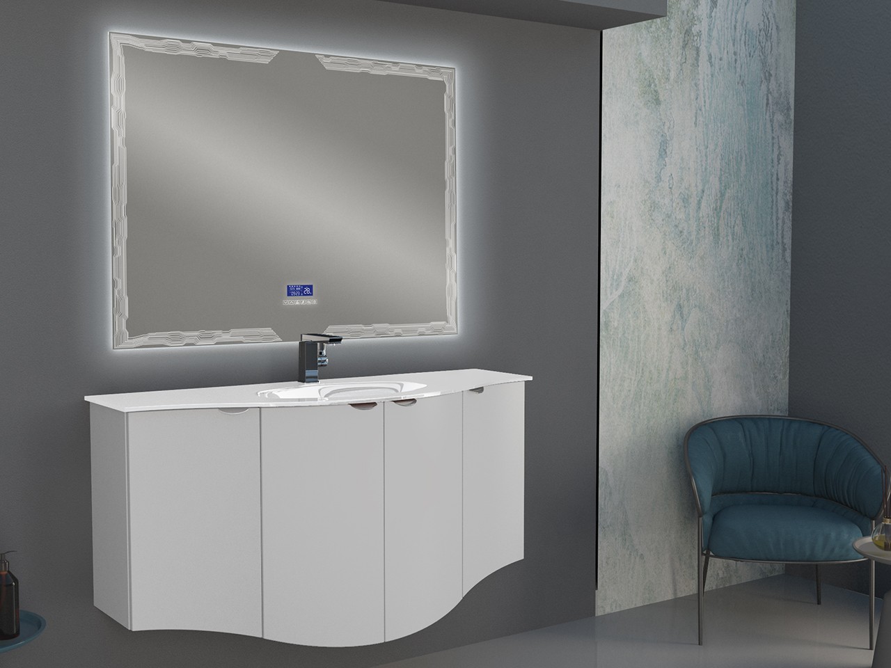 Mobile Bagno Curvo Wave 138 cm Bianco Opaco e Lavabo in Vetro Vasca Centrale Bianco Lucido-9012132