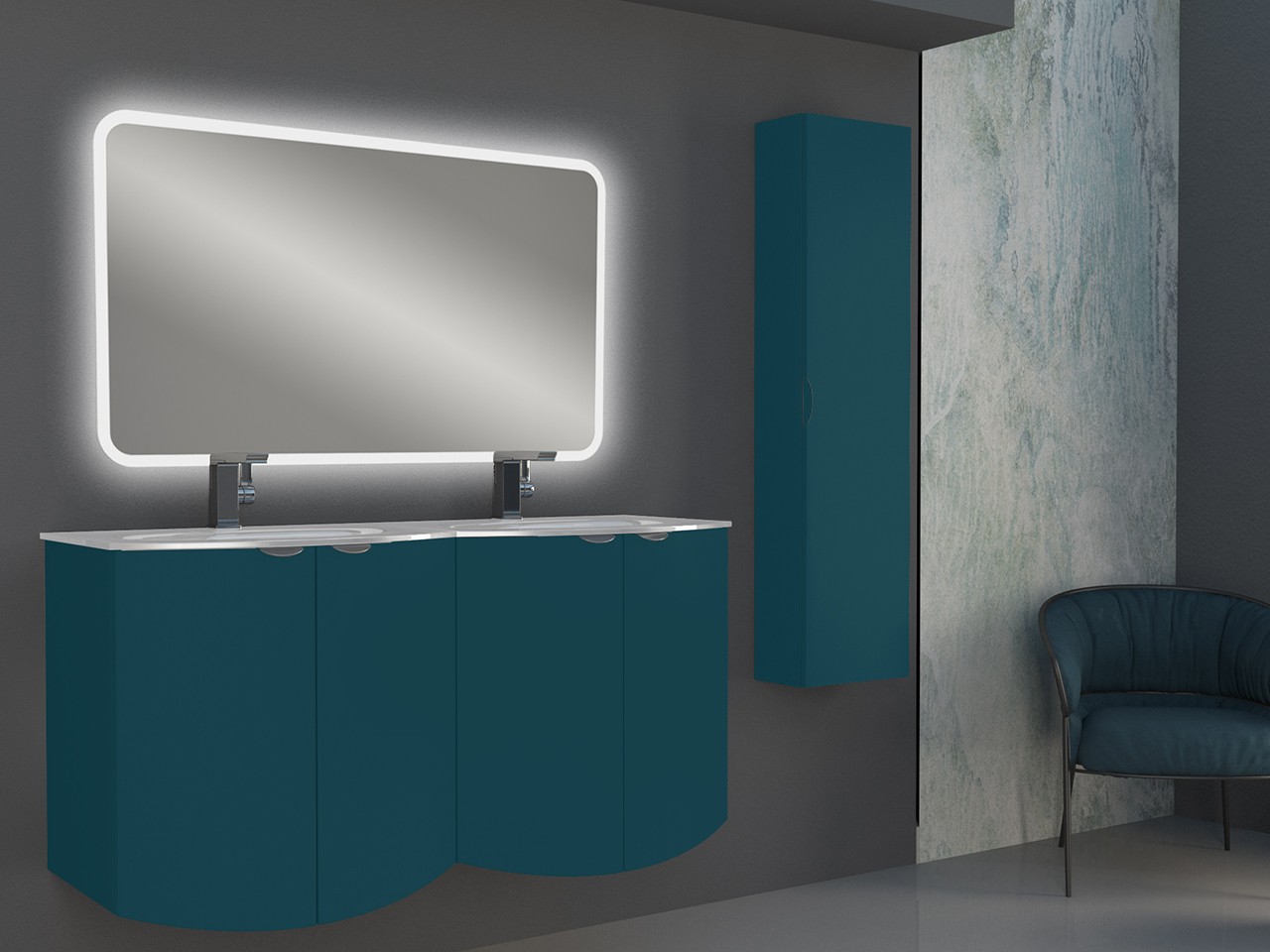 Mobile Bagno Curvo Wave 138 cm Blu Petrolio Opaco e Lavabo in Vetro Doppia Vasca Bianco Lucido-9012133