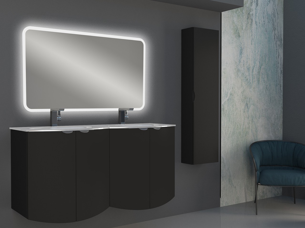 Mobile Bagno Curvo Wave 138 cm Grafite Opaco e Lavabo in Vetro Doppia Vasca Bianco Lucido-9012135