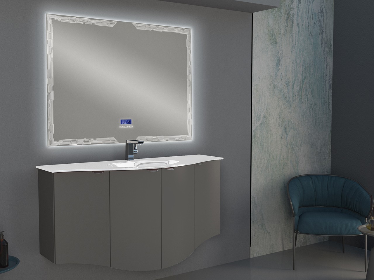 Mobile Bagno Curvo Wave 138 cm Grigio Nuvola Opaco e Lavabo in Vetro Vasca Centrale Bianco Lucido-9012138