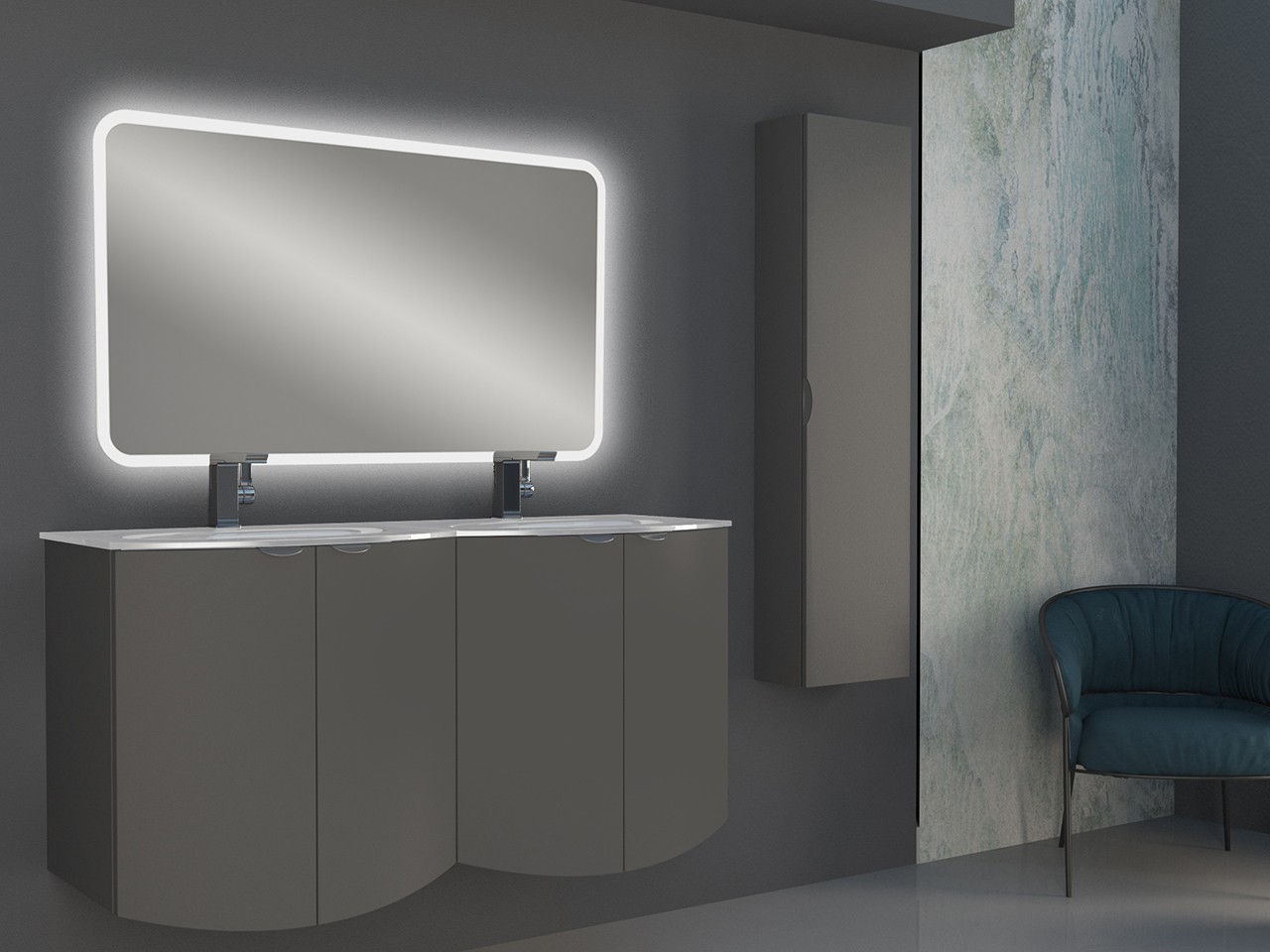 Mobile Bagno Curvo Wave 138 cm Grigio Nuvola Opaco e Lavabo in Vetro Doppia Vasca Bianco Lucido-9012137