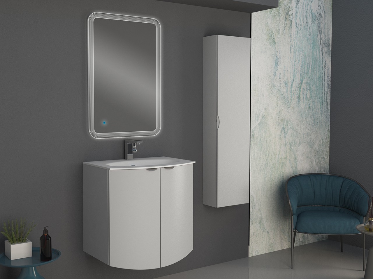 Mobile Bagno Curvo Wave 70 cm Bianco Opaco e Lavabo in Vetro Bianco Lucido-9012139