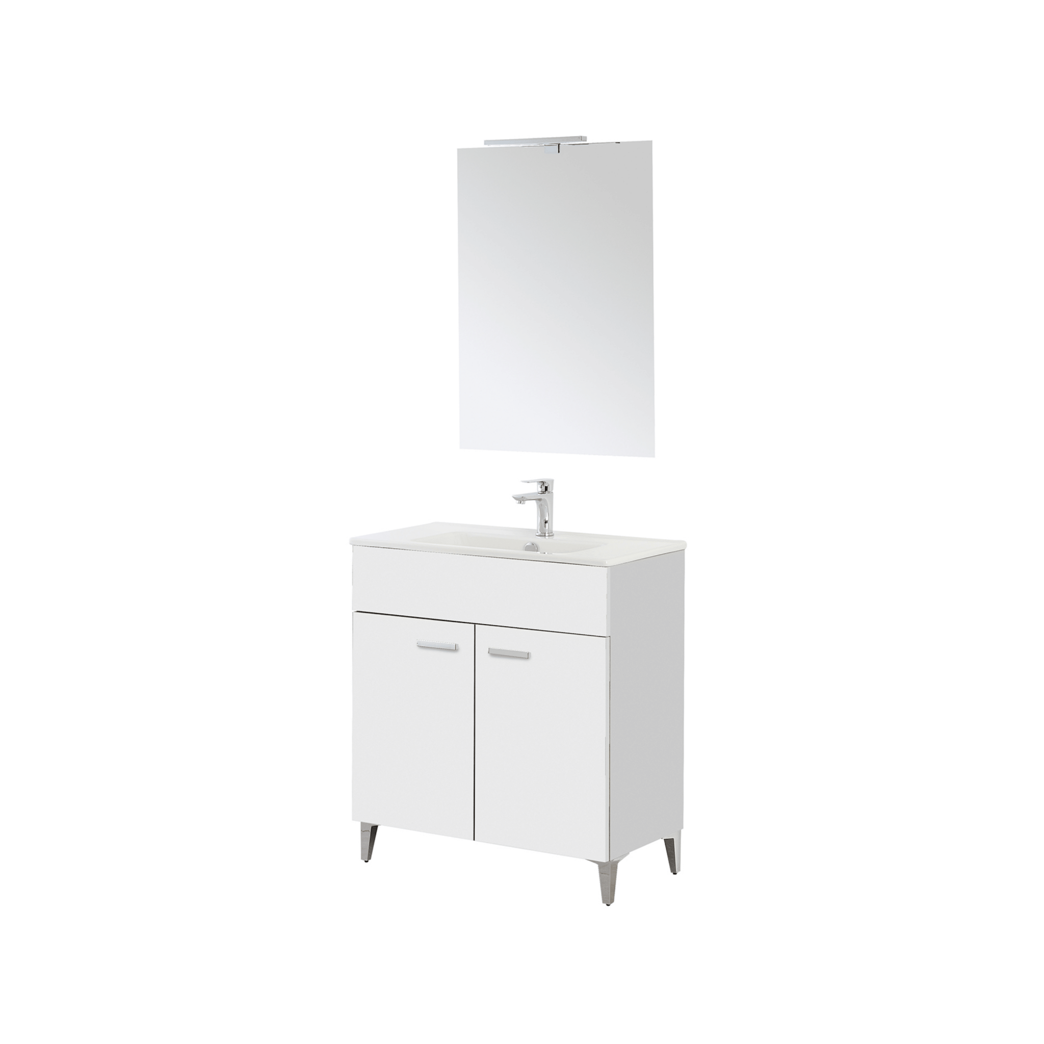 Mobili Bagno a Terra 80 Cm Due Ante Specchio Con Lampada Led 62x78,5 Cm Feridras "Greta" Bianco Lucido