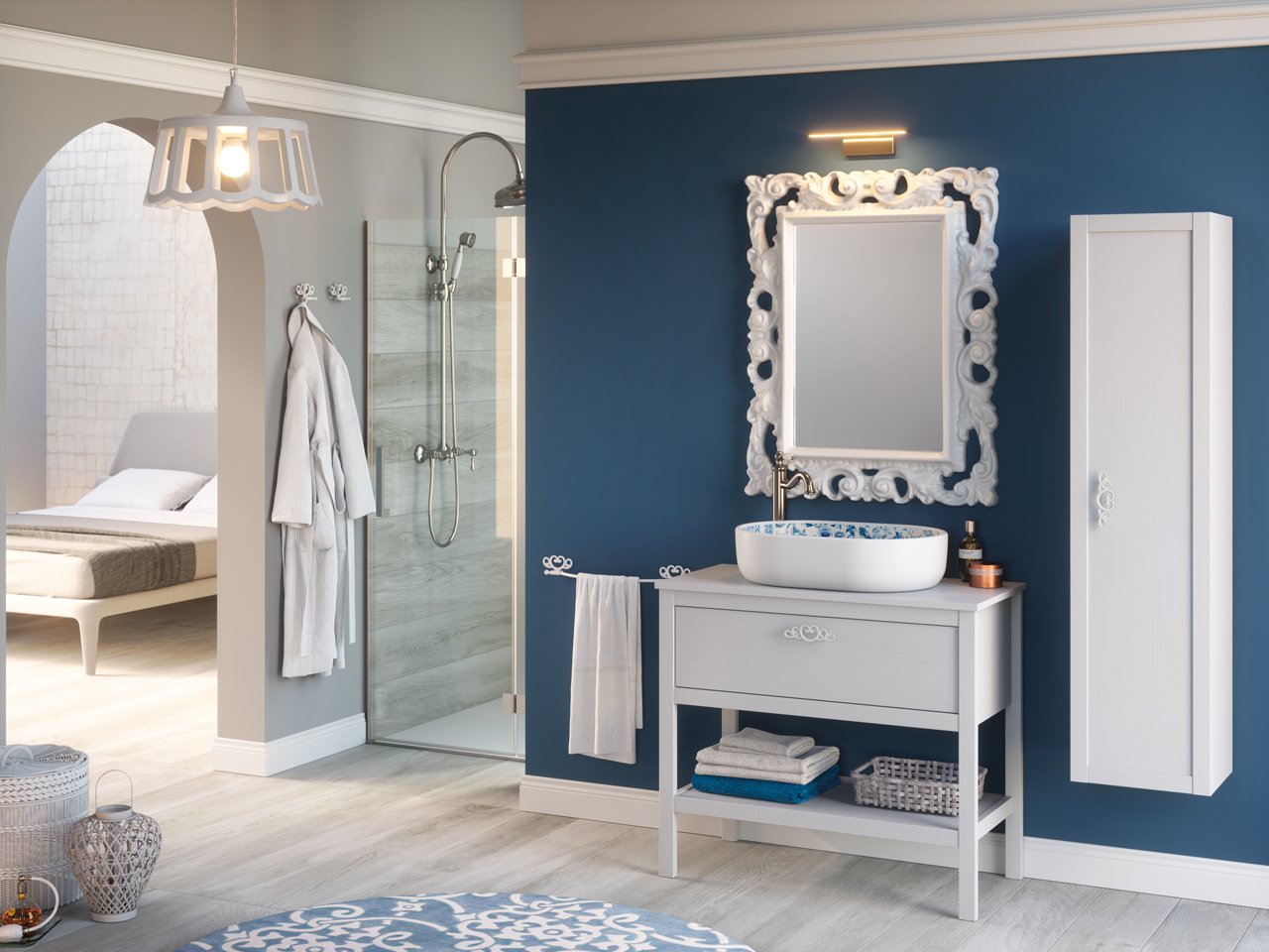 Mobile Bagno Newport 91 Cm Frassino Bianco con Top per Lavabo Appoggio-9007694