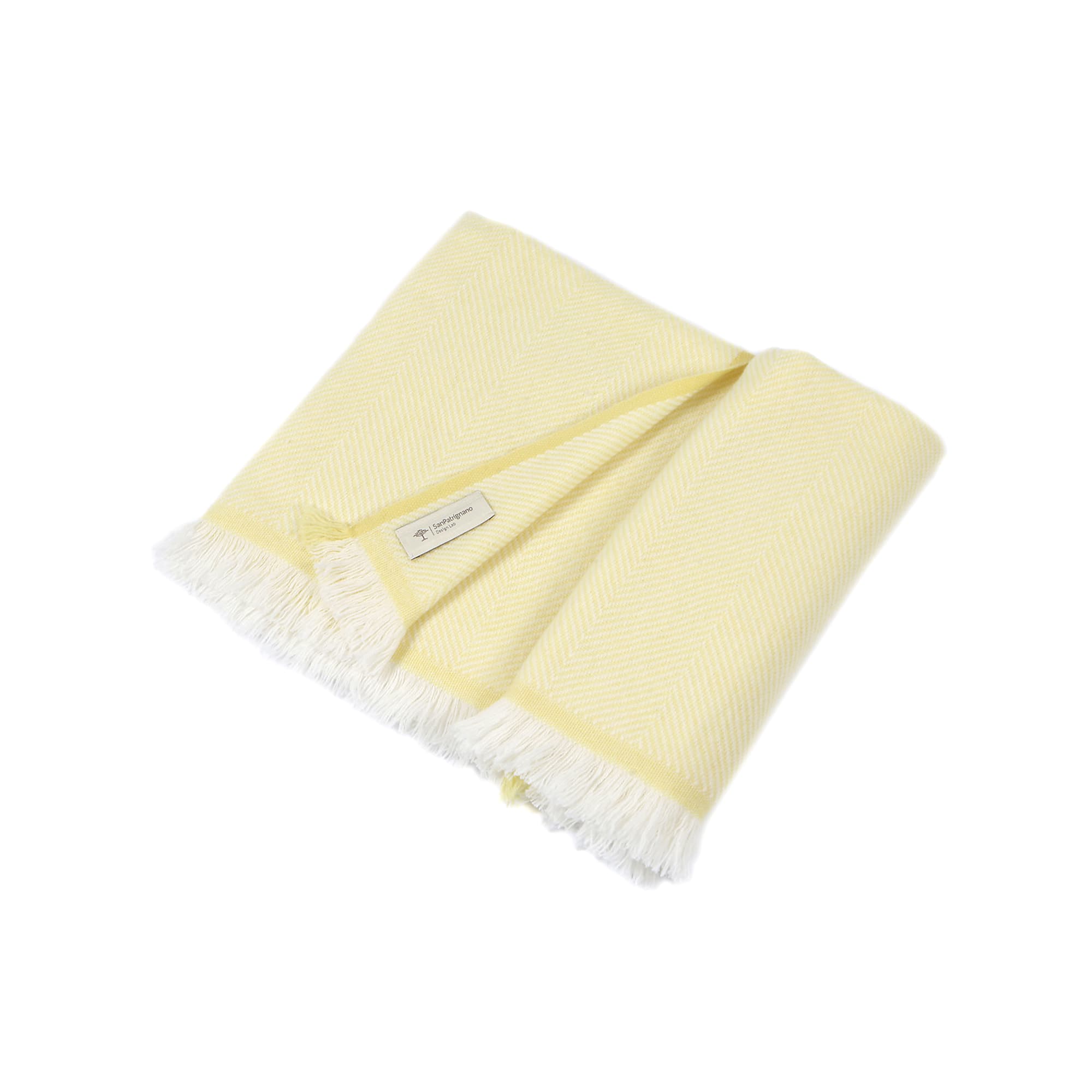 Coperta per neonati in 100% cashmere color crema e giallo limone con frange corte