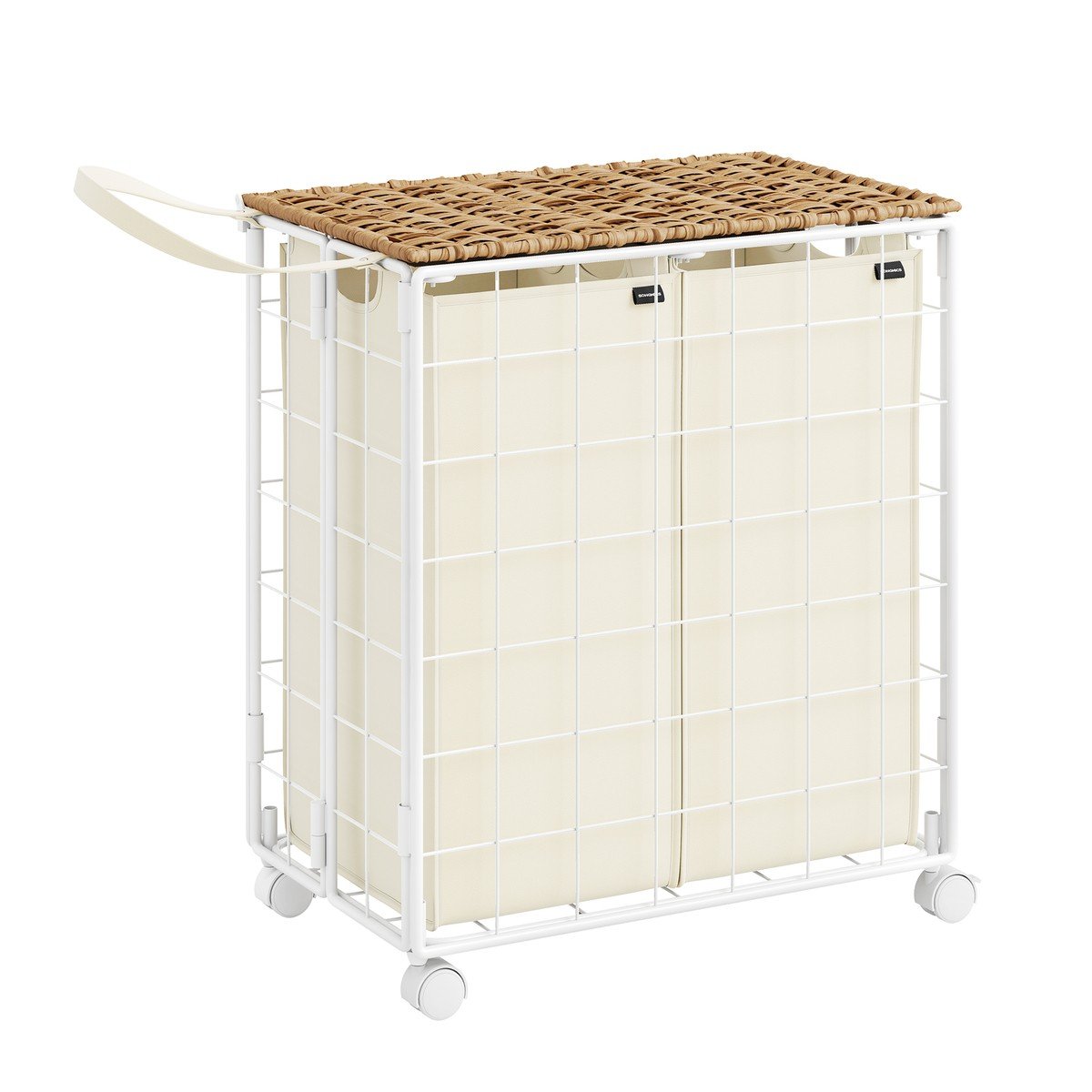 Panier à linge 2 compartiments en métal avec sac en tissu et couvercle - L57 cm