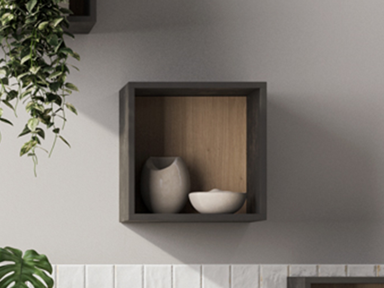 Pensile Bagno Cubotto OXYGEN 28x28 cm Nero Portland con Inserto impiallacciato in legno naturale Rovere Nodi-9011343