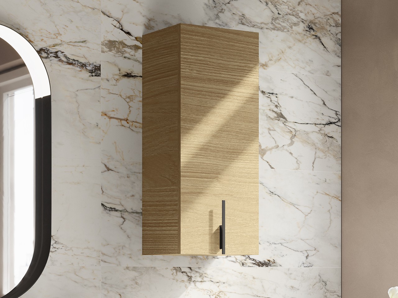 Pensile Bagno DESK a 1 Anta cm 36xH84 Quercia Chiaro - Maniglia Nero Opaco-9024677