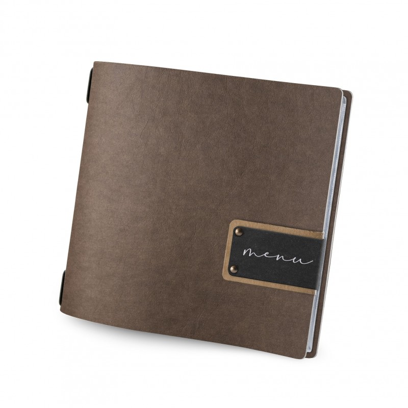 PORTAMENU' QUADRATO PATCH NERA 4 BUSTE CON ELASTICO MARRONE DAG STYLE