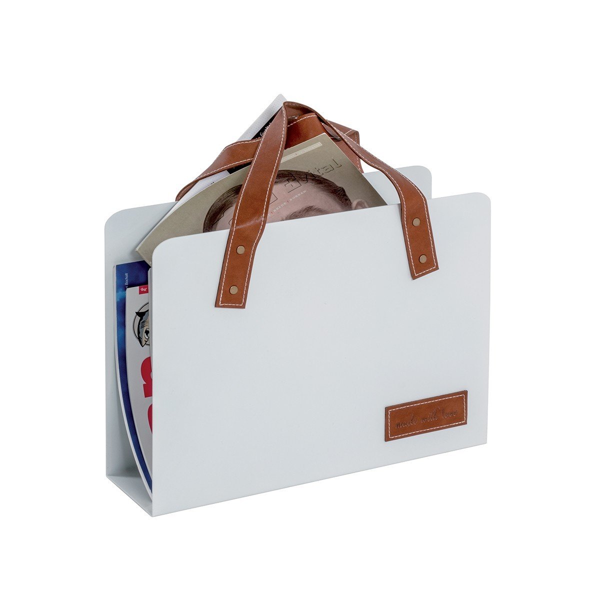 Portariviste in similpelle marrone e metallo bianco - H38 cm