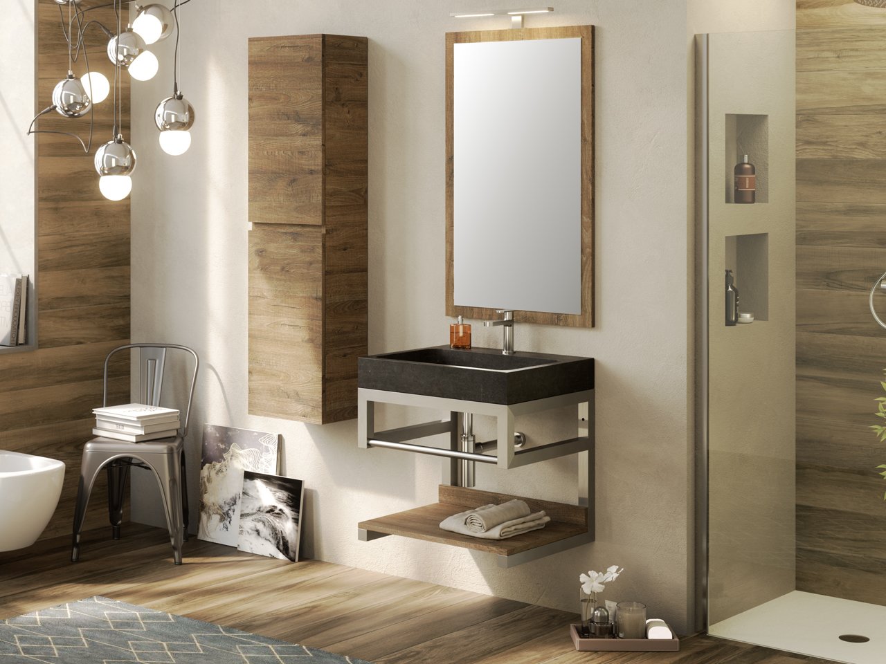 Mobile Bagno Purestone 60 cm Inox Satinato con Lavabo Pietra Nera-9007710