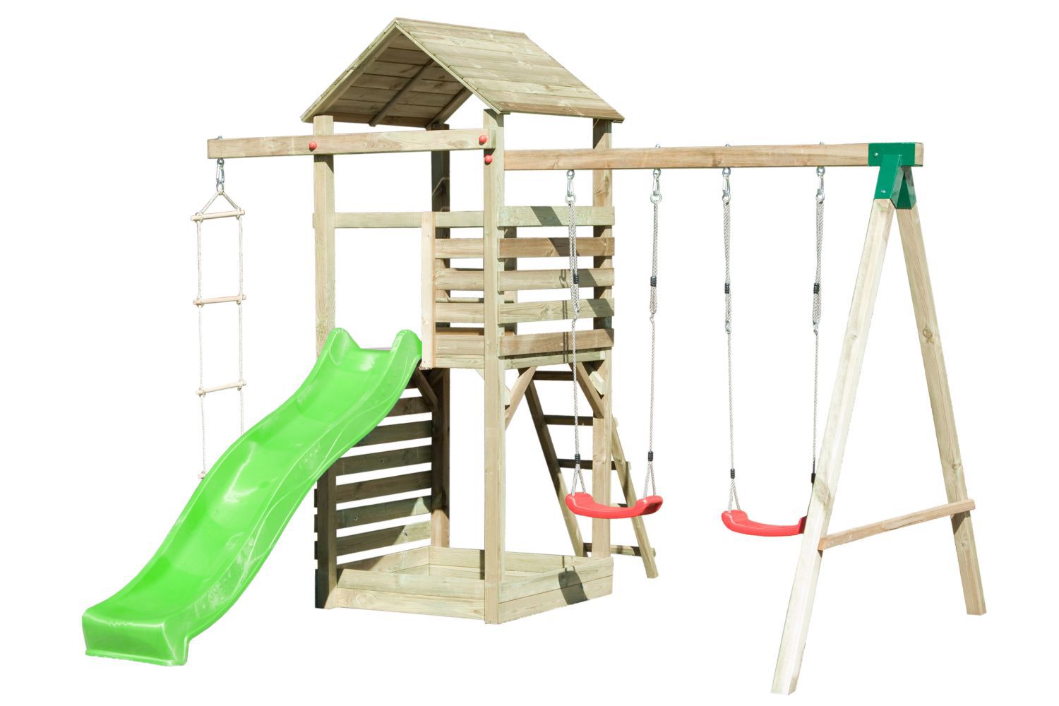 Torretta gioco "15" incl. scivolo a onde, parete da arrampicata, altalena doppia e scala in corda - 350 x 345 cm