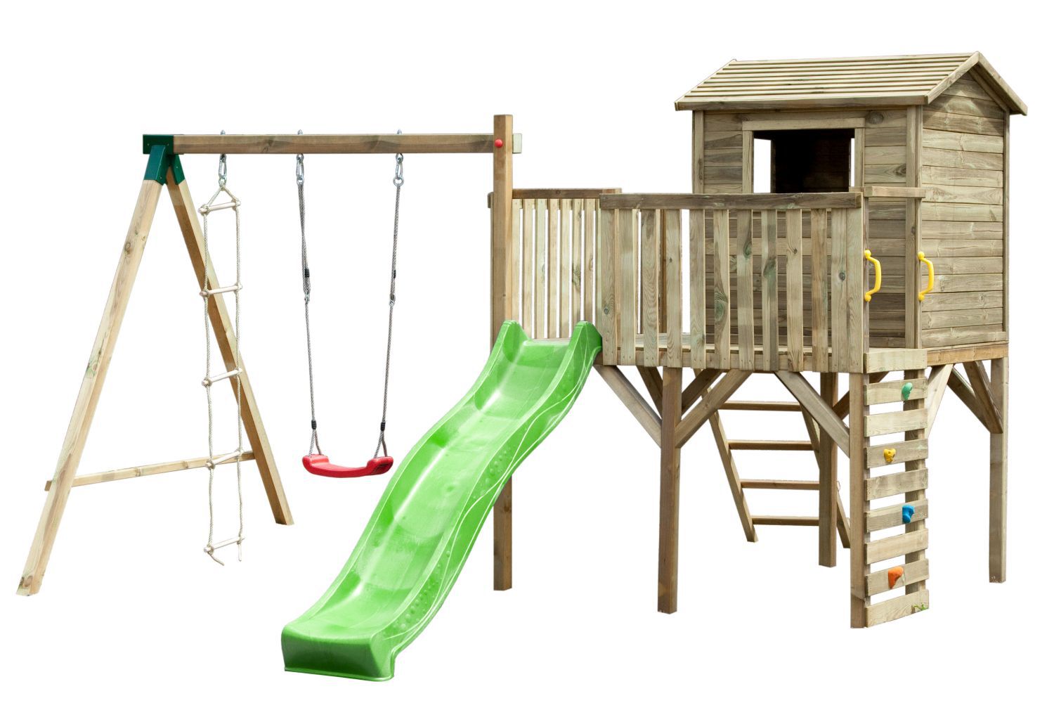 Torretta gioco "16" incl. scivolo a onde, parete da arrampicata, struttura per altalena singola e scala in corda - 370 x 430 cm