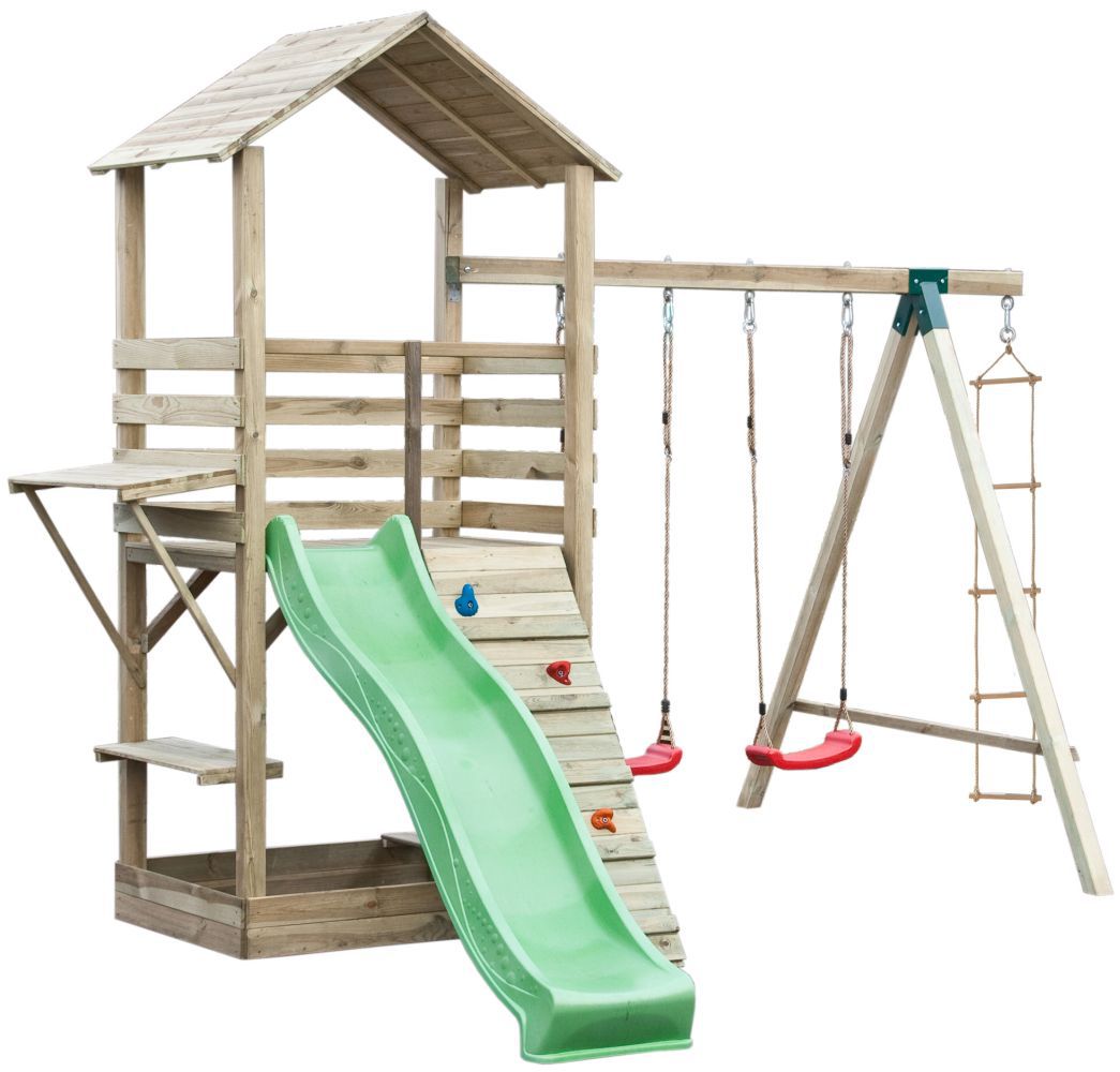 Torretta gioco 17B incl. scivolo a onde, parete da arrampicata, altalena doppia e scala in corda - misure: 315 x 370 cm