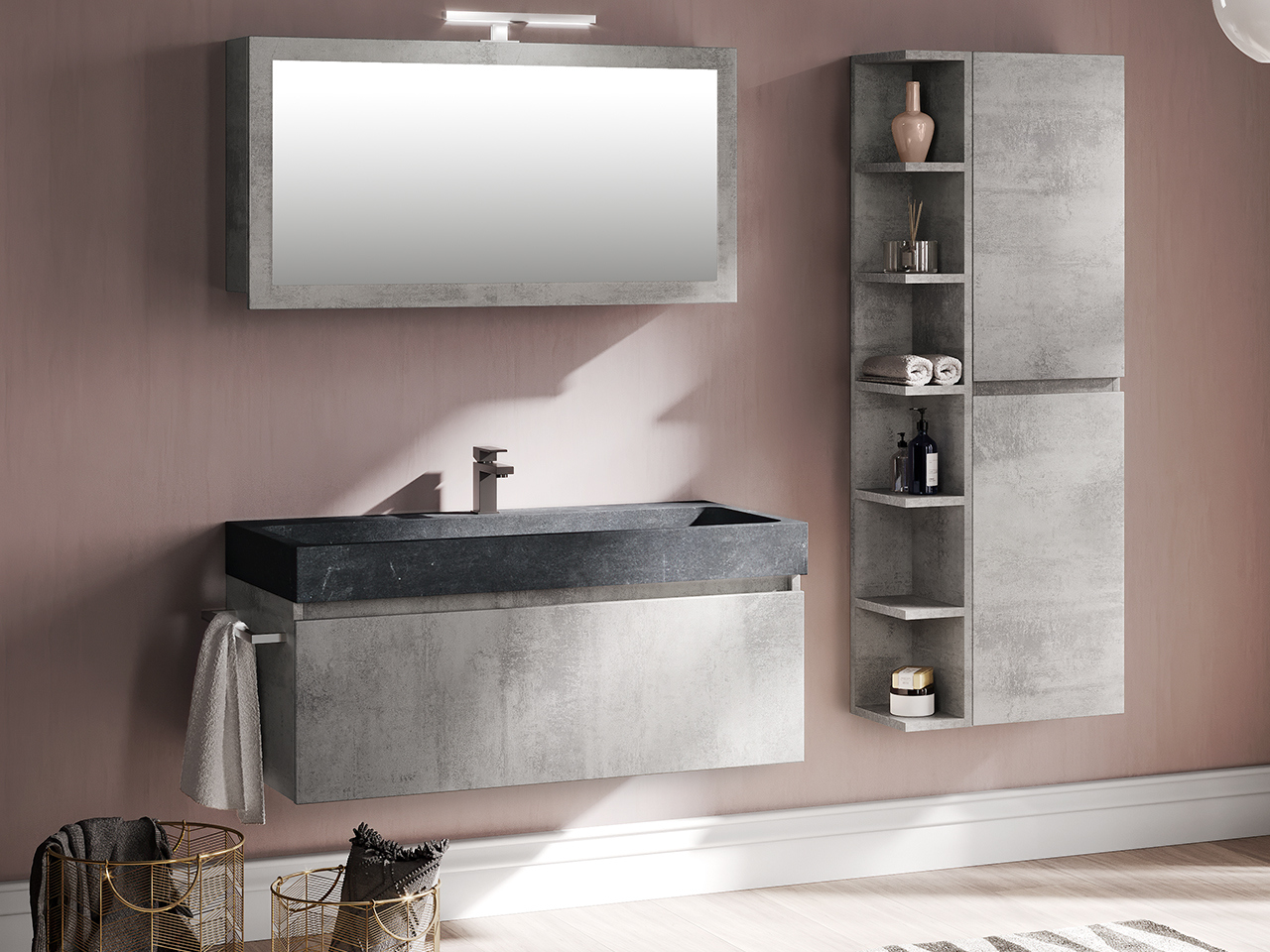 Mobile Bagno Qubo 100 cm 1 Cassetto Grigio Ossido con Lavabo Unitop Purestone-9009437