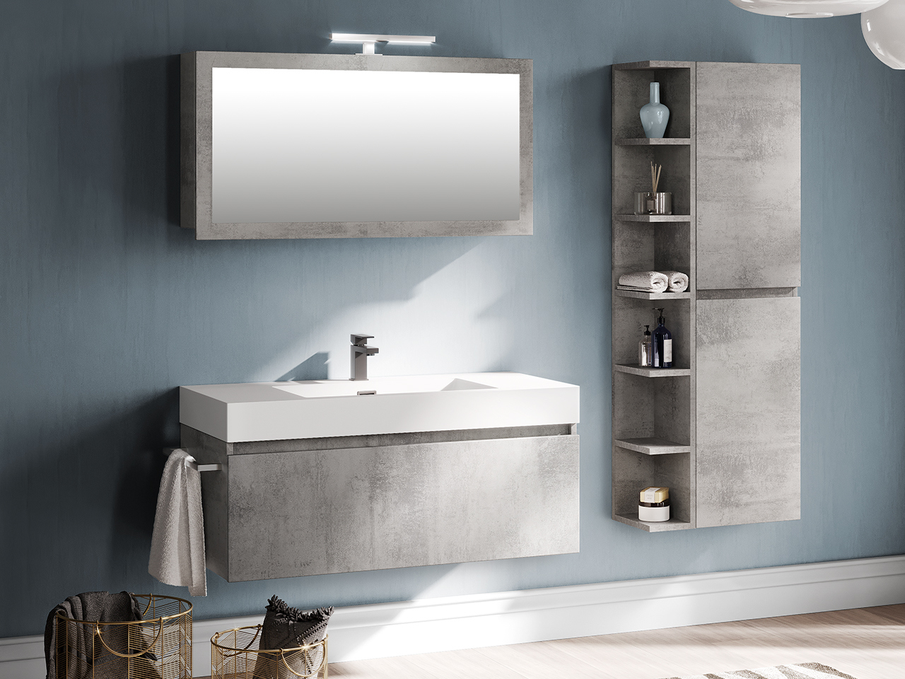 Mobile Bagno Qubo 100 cm 1 Cassetto Grigio Ossido con Lavabo Unitop Quadro in Resina Vasca Centrale Bianco Lucido-9011579