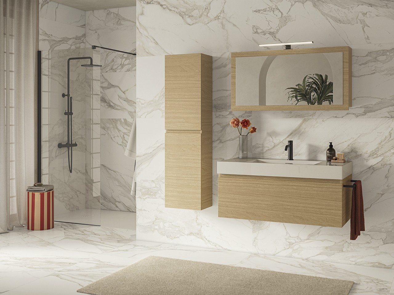 Mobile Bagno Qubo 100 cm 1 Cassetto Quercia Chiaro con Lavabo Unitop Quadro in Resina Vasca Centrale Bianco Lucido-9024114