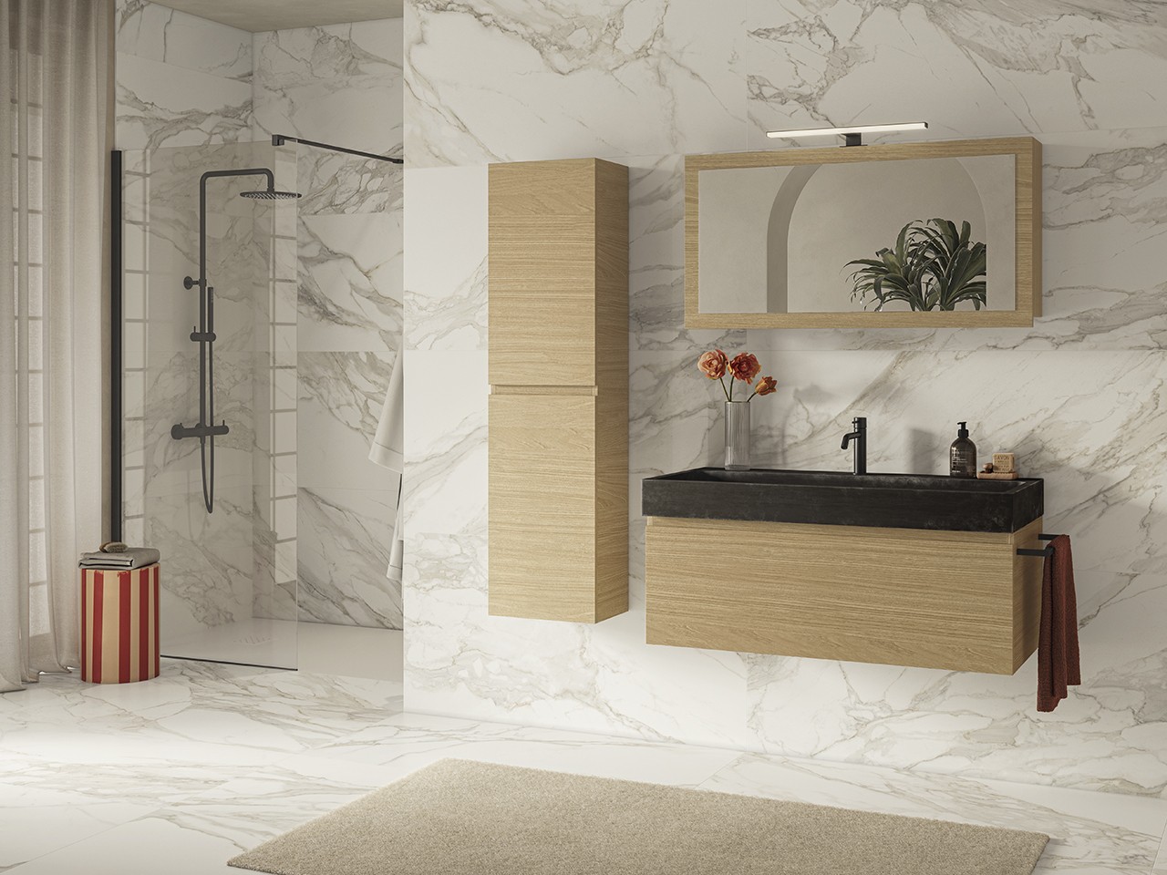 Mobile Bagno Qubo 100 cm 1 Cassetto Quercia Chiaro con Lavabo Unitop Purestone-9024110