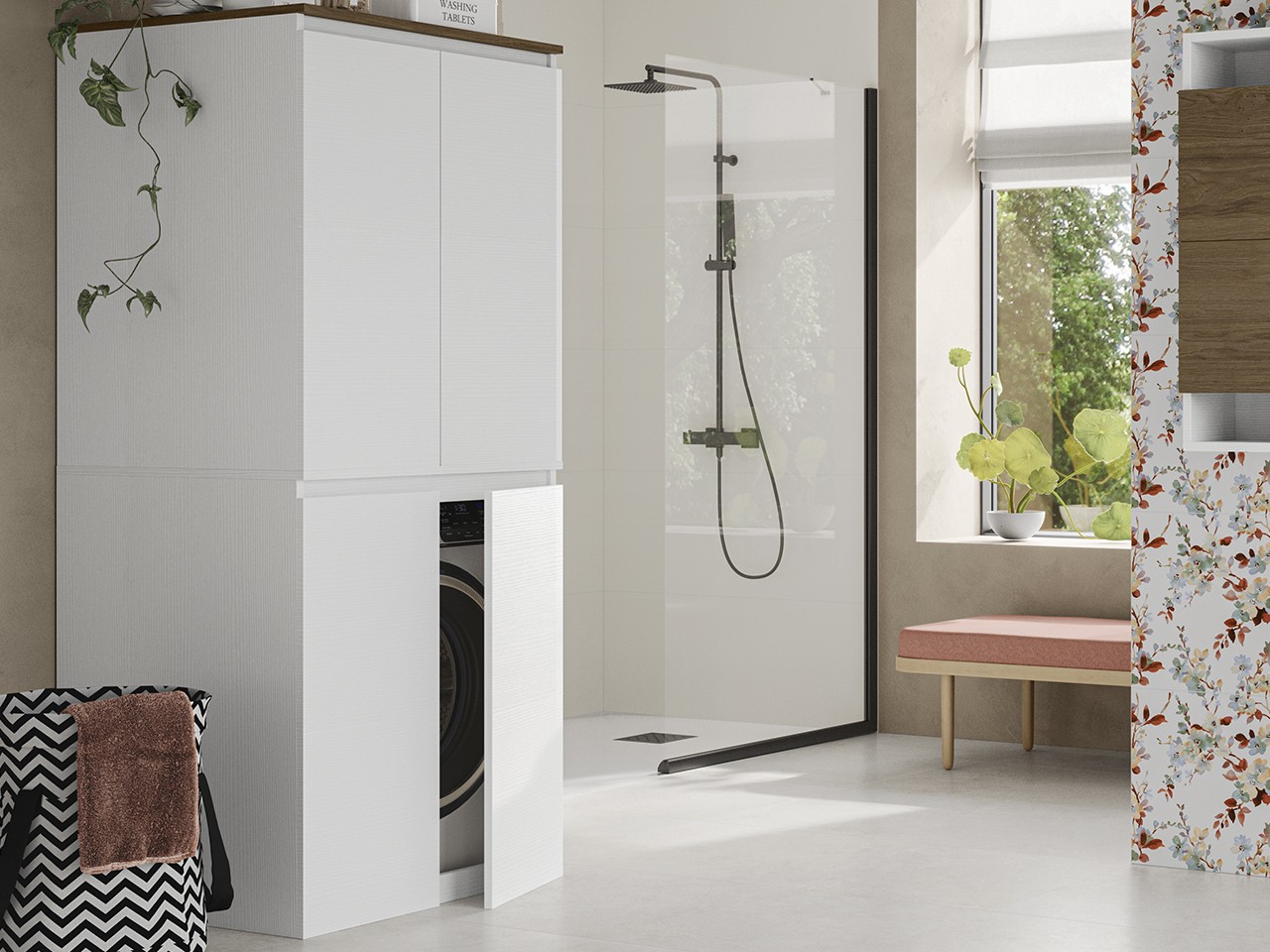 Mobile Bagno QUBO Colonna Lavanderia (Coprilavatrice e Asciugatrice) a 4 Ante Bianco Matrix con Top Sherwood-9014006