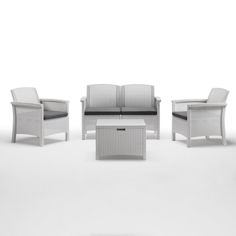 Salotto in plastica Effetto Rattan Divano Poltrone Tavolino Giardino Esterno