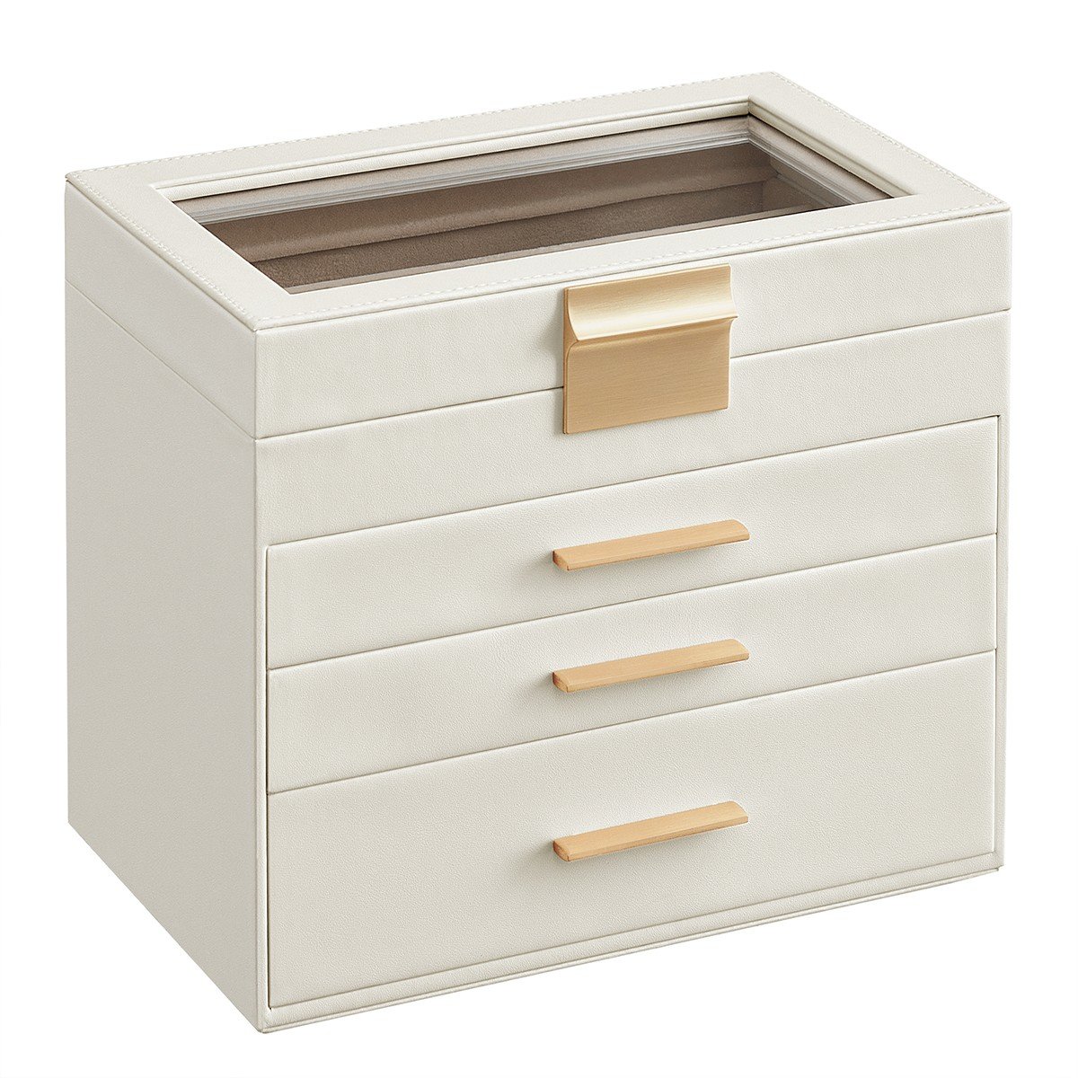 Scatola per gioielli con 1 scomparto in vetro e 3 cassetti bianchi