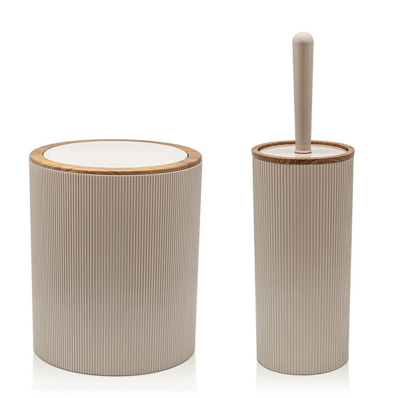 Set 2 pezzi Porta scopino e Pattumiera 5lt Tortora dettagli effetto legno Blob
