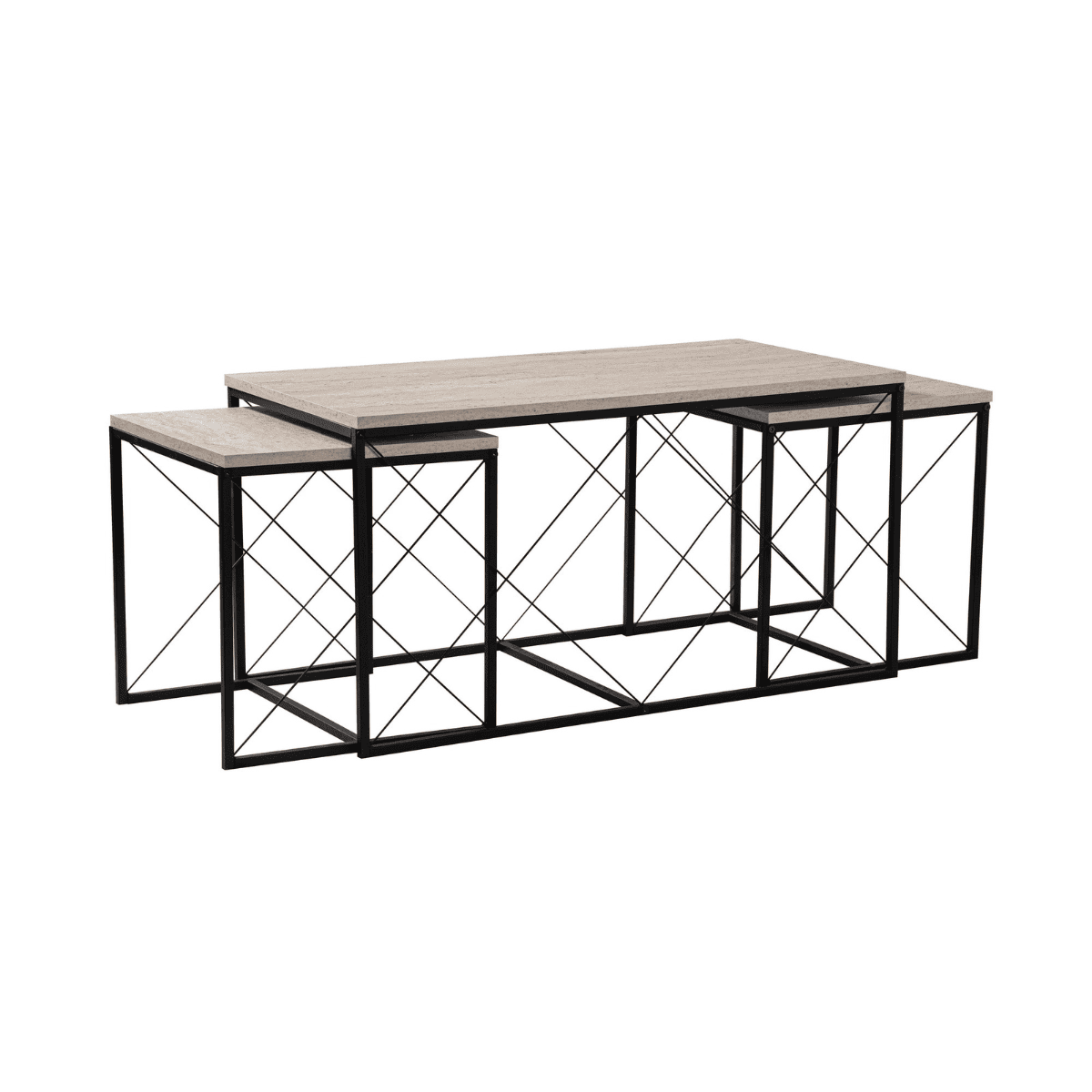 Set di 3 tavolini impilabili, decorazione travertino e metallo nero L100 cm - DEFNE