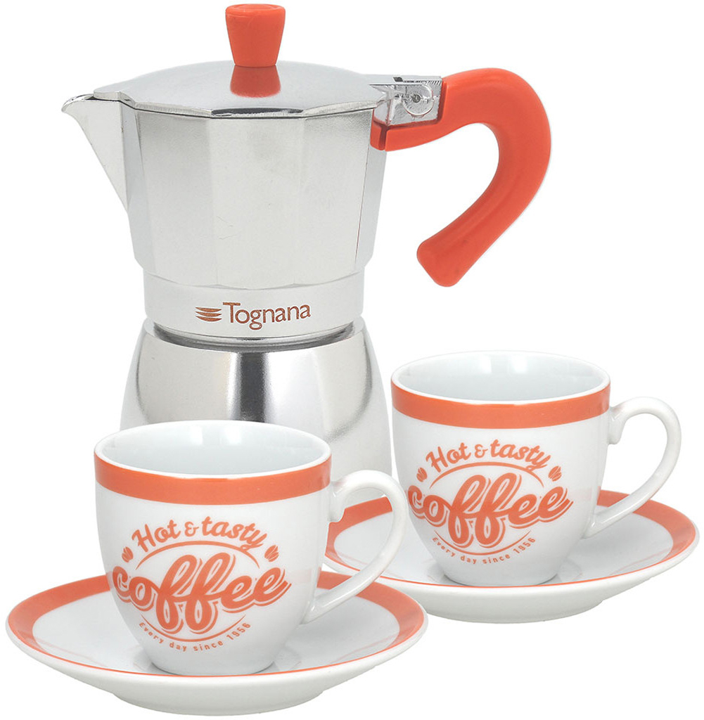 Set Moka Tazze 2 Con 2 Tazzine E Piattini Arancio