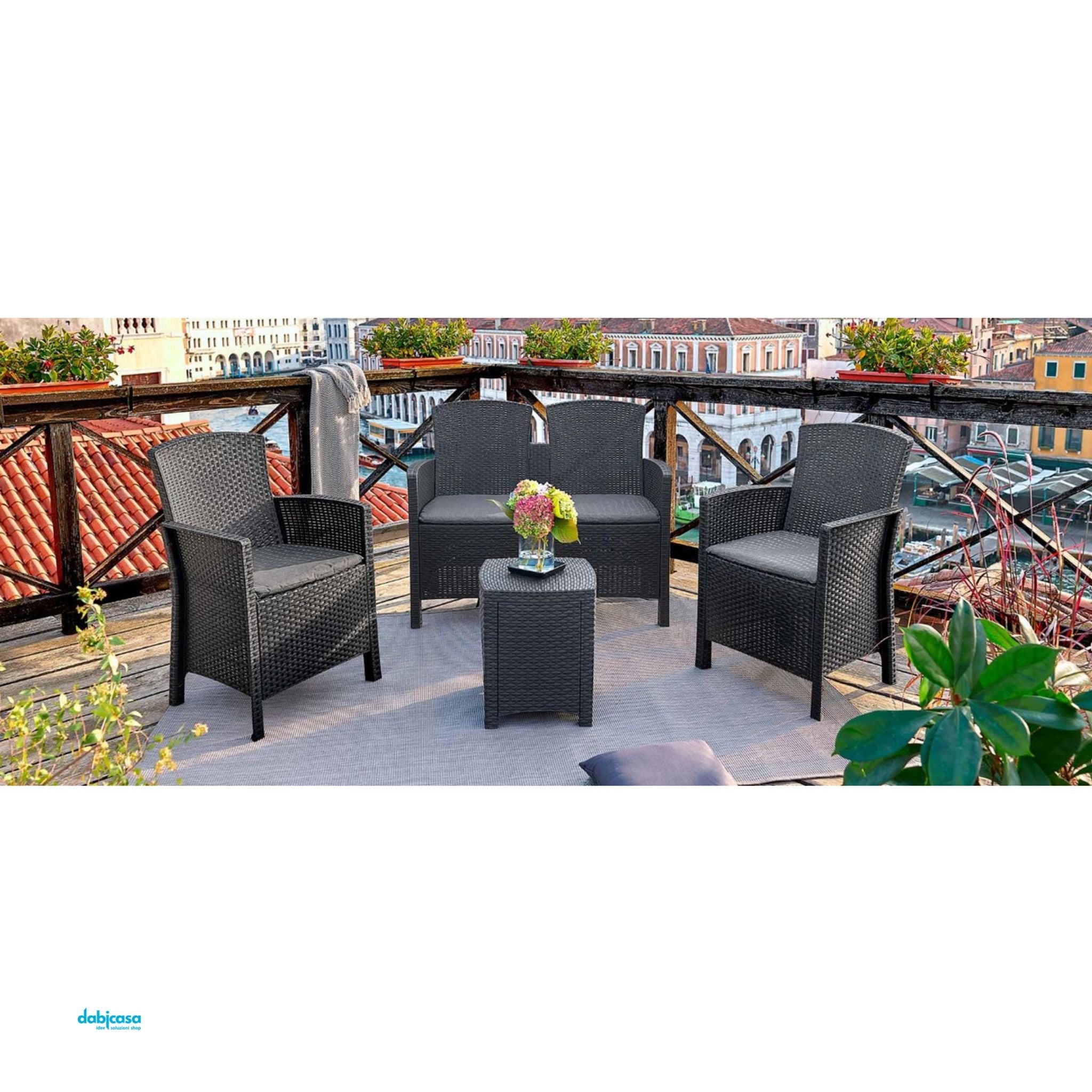 Set Salotto Per Giardino "Lido" 4 Pezzi In Resina Antiurto Effetto Polirattan