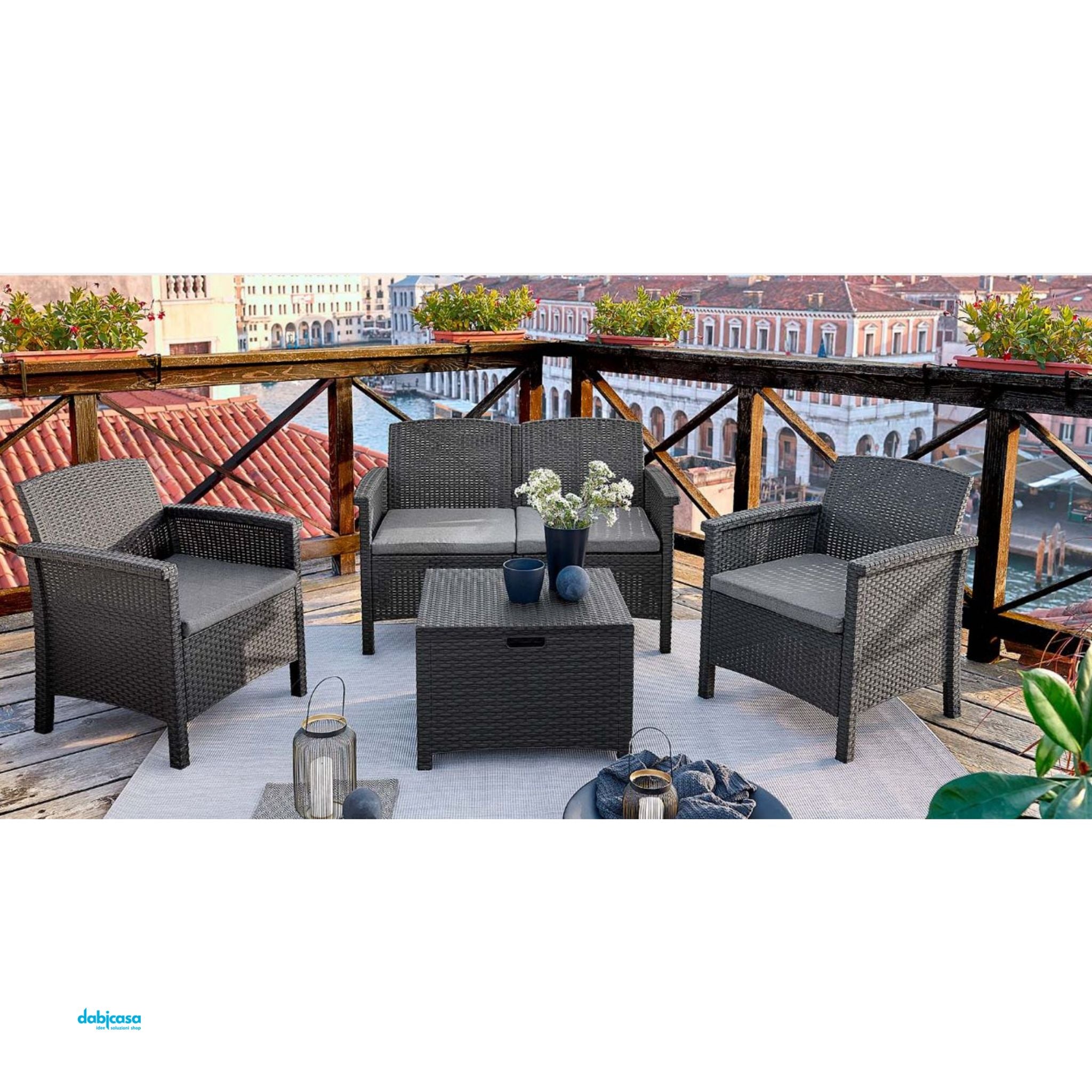 Set Salotto Per Giardino "Venezia" 4 Pezzi In Resina Antiurto Effetto Polirattan