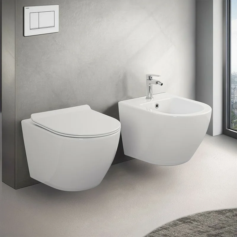 Set sanitari sospesi salvaspazio Rimless Serie Tokyo con copriwc rallentato