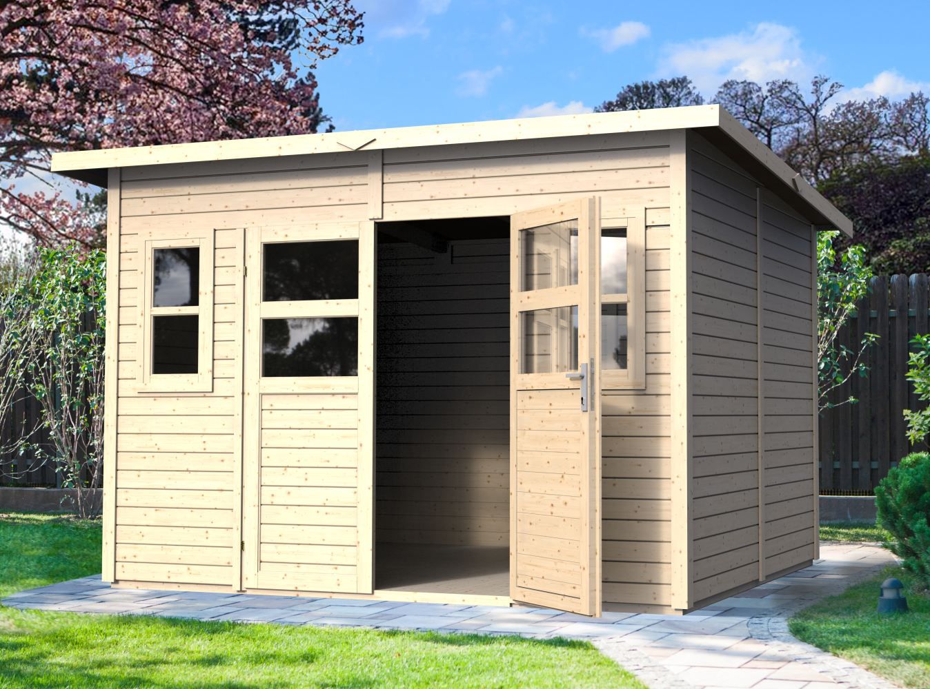 Casetta da giardino Freiberg 04 incl. pavimento, finitura naturale - Casetta da giardino prefabbricata da 19 mm, superficie utile: 7,15 m², tetto a una falda