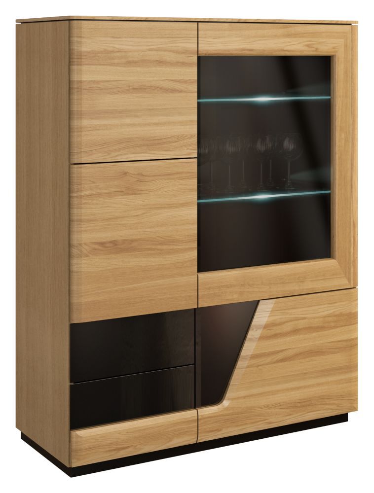 Vetrinetta "Belica" 21, rovere naturale / nero, parzialmente massello - 131 x 102 x 43 cm (h x l x p), cerniera a dx