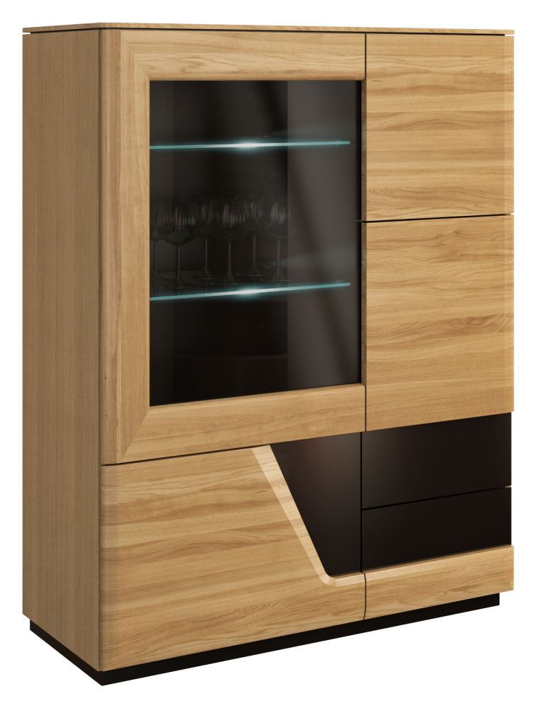 Vetrinetta "Belica" 22, rovere naturale / nero, parzialmente massello - 131 x 102 x 43 cm (h x l x p), cerniera a sx