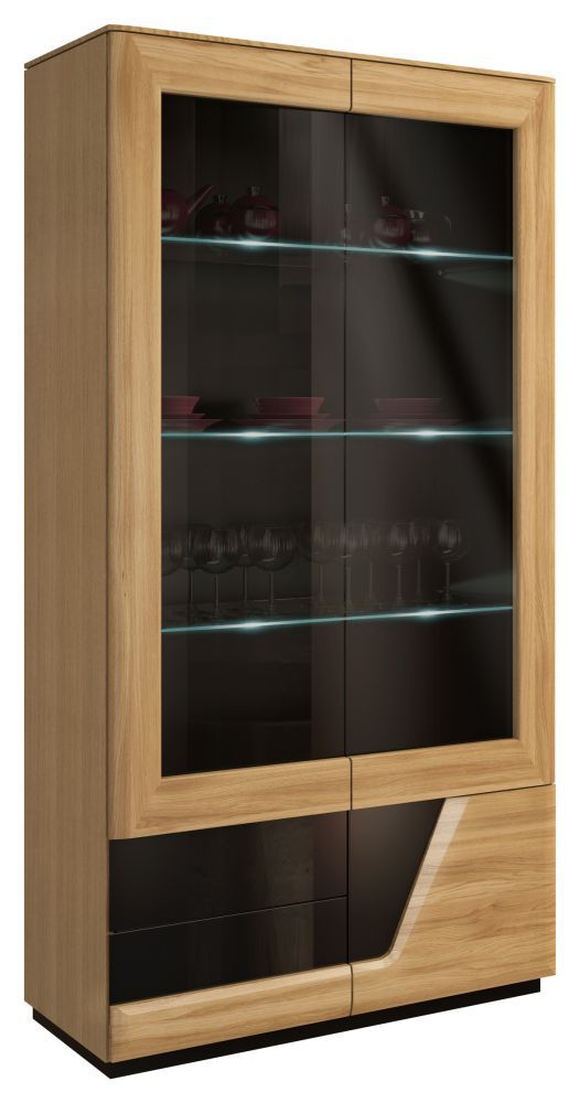 Vetrinetta "Belica" 25, rovere naturale / nero, parzialmente massello - 192 x 102 x 43 cm (h x l x p), cerniera a dx