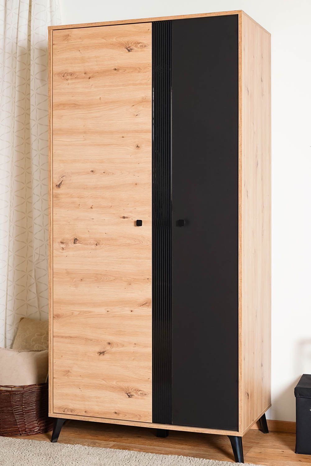 Armadio con barra appendiabiti Lassila 01, rovere Artisan / nero - misure: 191 x 92 x 54 cm (h x l x p), con 2 ante e 5 scomparti