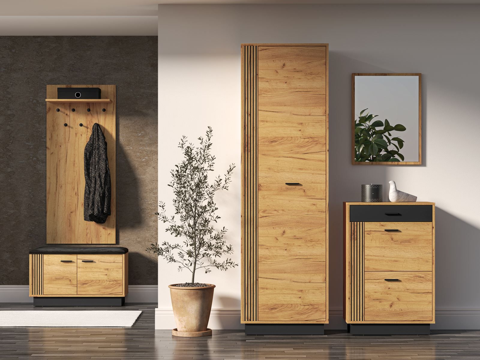 Set di armadi completi B Lautela, 5 pezzi, colore: rovere / nero