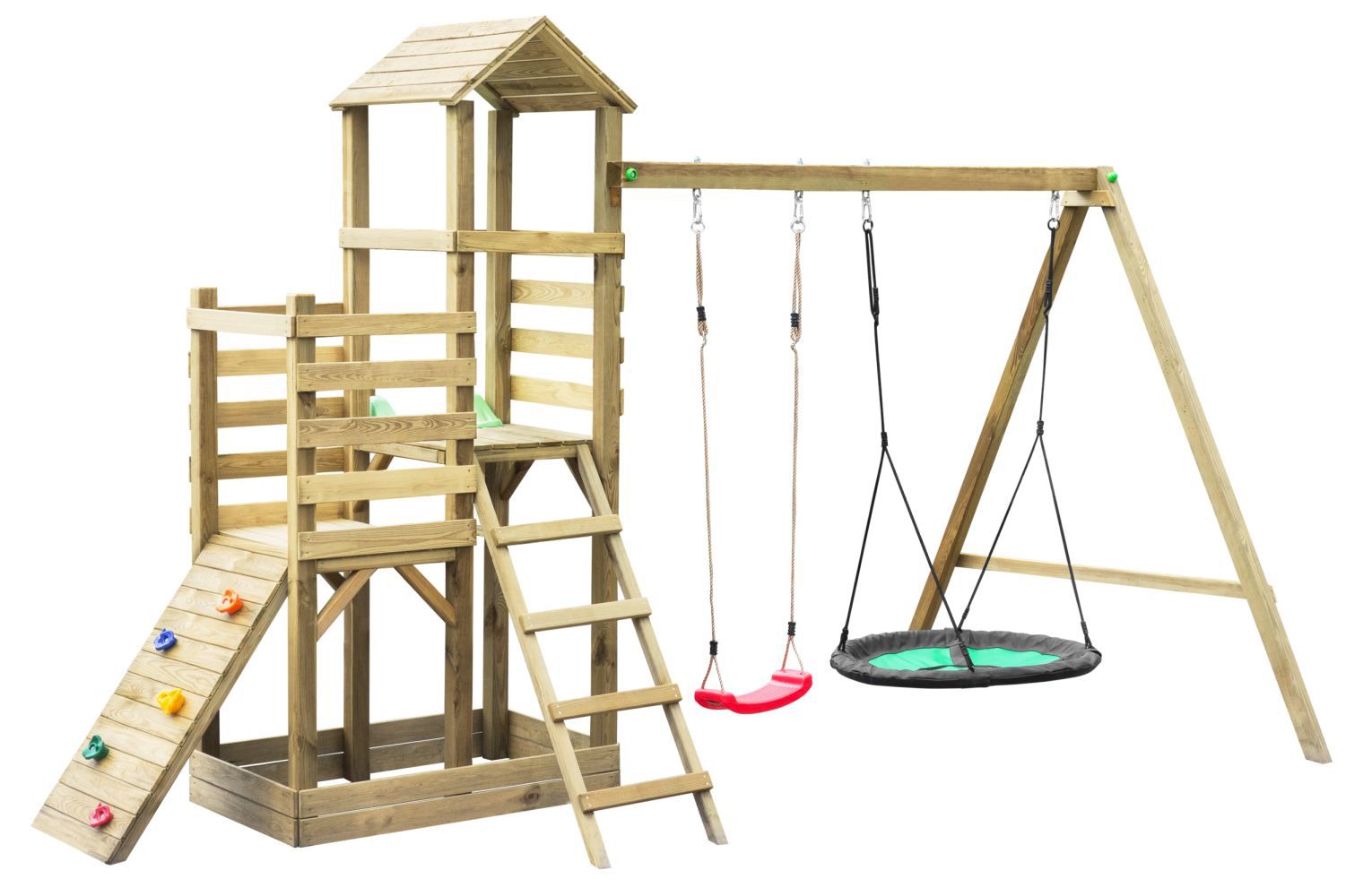 Torretta gioco 21A incl. scivolo a onde, parete da arrampicata, sabbiera e struttura per altalena doppia con 1 altalena a nido e 1 seggiolino rosso - 405 x 360 cm (l x p)